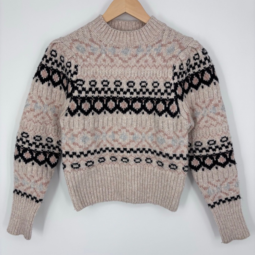ASTR The Label Maria Fair Isle Mock Neck Puff Sleeve Sweater Womens XS Ivory